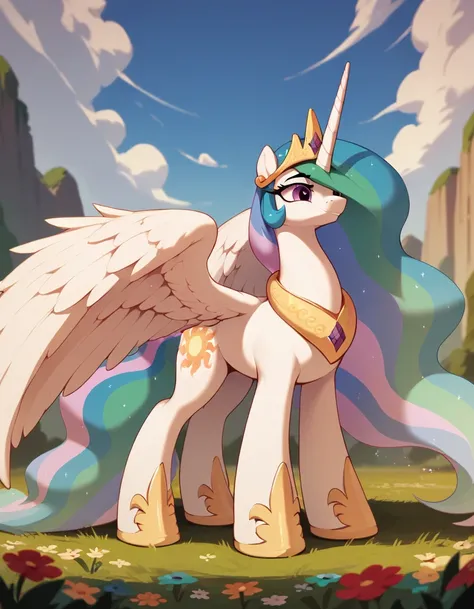 pony princess Celestia girl, huge large wings, (gigantic pony body the biggest pony in the world) 