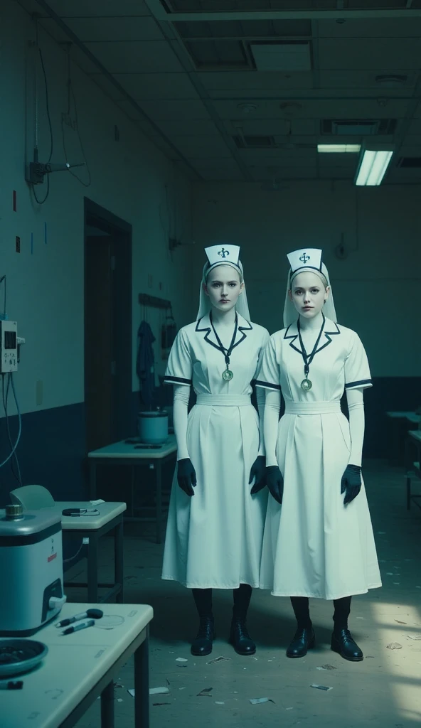 A realistic and eerie depiction of albino twin women dressed as nurses, standing in a decayed hospital room. The atmosphere is dark and unsettling, with dim lighting casting eerie shadows on the peeling walls and broken medical equipment. Their pale skin a...