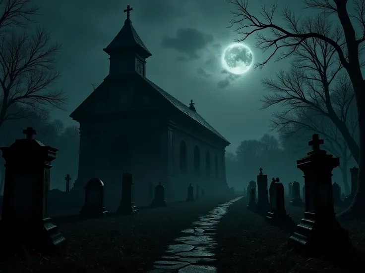 An old cemetery with a dilapidated little chapel in the background, Night, darkness, horror, Gothic, light and shadow