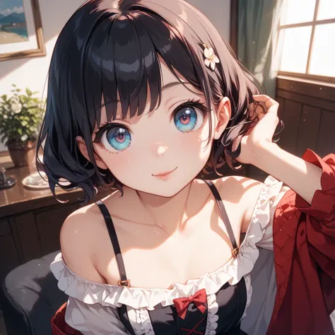 「Anime style beautiful girl。 big eyes、Cheeks slightly red。 shyly closing her eyes 、 waiting for a kiss with her lips slightly pointed 。Hands crossed on her back 、 posture with her upper body slightly tilted forward 。 Cute clothes that show off her delicate...