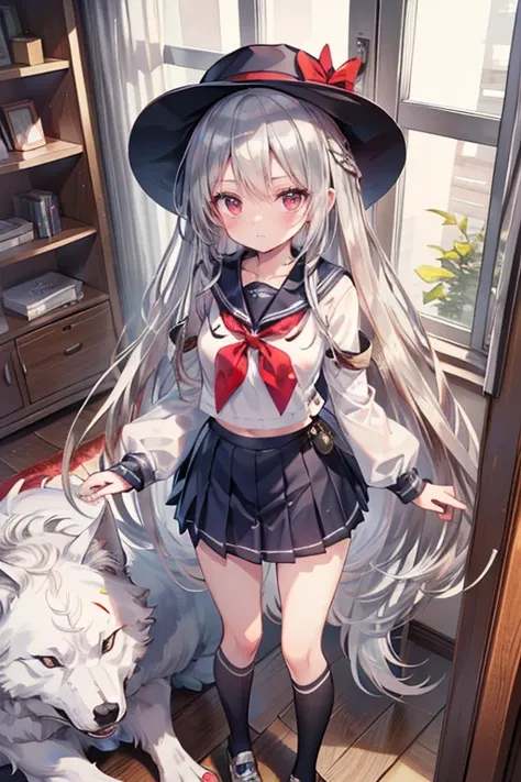  high resolution,超 high resolution,8k, very detailed, top quality, Masterpiece, 1 woman (160cm tall, cool expression,( Silver Hair, straight long hair,unkempt:1.9),red eyes,  small breasts, Slim waist)、 high socks ,  sailor color、 school uniform, Long Plea...