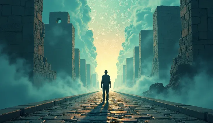 Crossroads of Past and Future:**  
   *Illustrate a person standing at an ancient crossroads, with one path shrouded in mist and old, crumbling symbols of routine, and the other illuminated by futuristic geometric patterns and scientific diagrams. The scen...