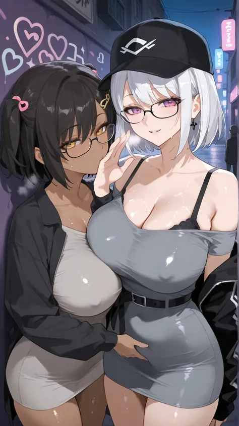 Fellatio gesture , ( Masterpiece,  top quality:1.2), 2girls,  that improves white space ,  2 girls, Side by side ,   CHOOSE YOUR FAVORITE,  Nijisanji,  short eyebrow ,  short hair,  off shoulder,  shoulder out,  grey dress,  black jacket,  take off my clot...