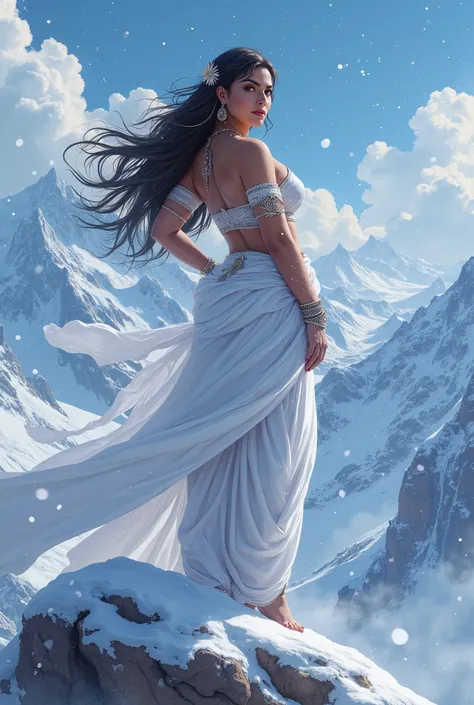 A powerful and divine Indian goddess stands gracefully on a snow-covered mountain peak, her presence radiating strength and elegance. Rendered in a semi-realistic illustration style, she has a curvy and statuesque figure, dressed in a traditional dhoti and...