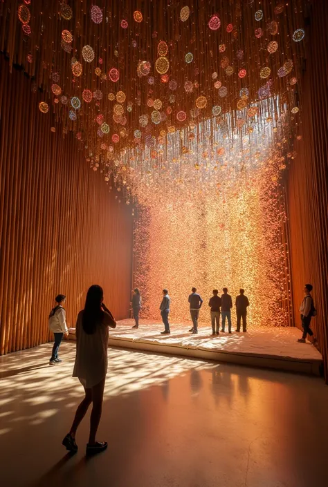 The exhibition Gallery should be about 100'x100'x100' and bangles are reflecting with the natural light and bambooo wall with light play