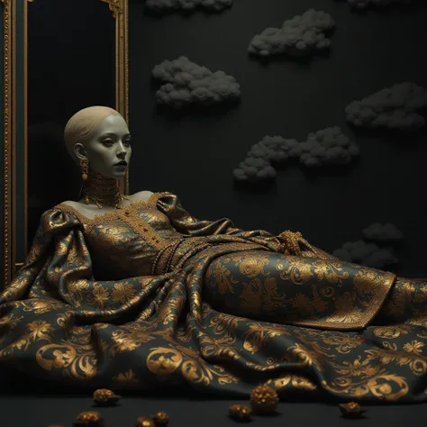 portrait of a woman seen from toe to head angle on 3/4, layed down on the floor, on long robe full of golden ornaments, future baroque, royal alien, fashion art, dark colors, minimalist black cloudy background with a polis of intricated dark details