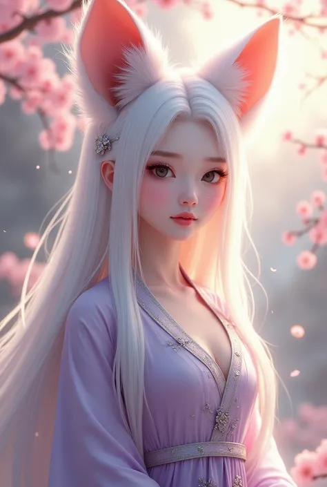 A breathtaking digital painting of Xiang Mei, a Huli Jing (fox spirit) with an ethereal and angelic beauty, designed to match Korean beauty standards. She has elegantly almond-shaped, slightly upturned eyes with a soft yet captivating gaze, flawless porcel...