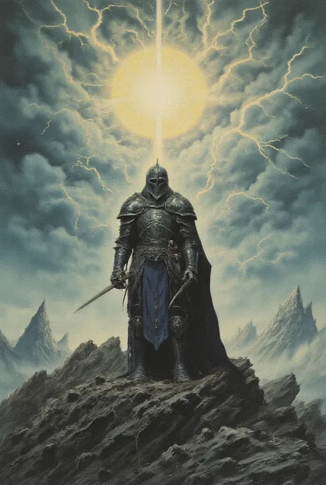 A lone knight in ancient, weathered armor, standing on a desolate, fog-covered battlefield under a stormy sky. The knight holds a cracked sword in one hand, looking solemnly. Shadows of twisted, gnarled trees loom in the background. The scene has a hauntin...