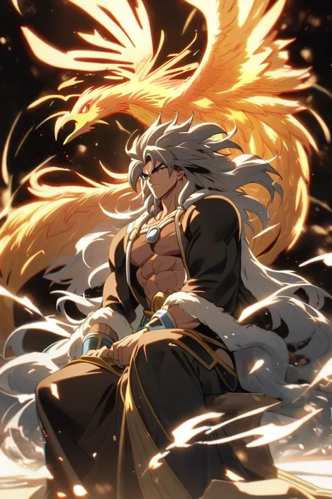 (((Broly Z))) with a gentle yet commanding eyes and white flowing hair wearing a black long coat with a ((phoenix with white flames)) sitting next to him