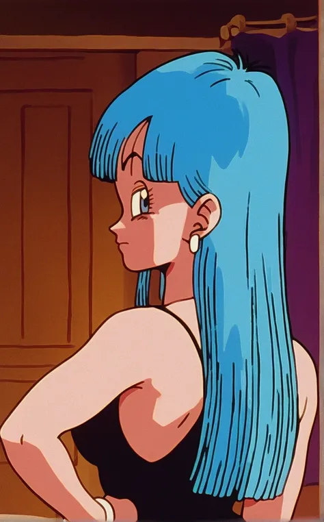 score_9, score_8_up, score_7_up, BREAK masterpiece, best quality, bedroom, indoors, Maron 1girl, blue eyes, blue hair, hime cut, long hair, straight hair, sleeveless, blunt bangs, medium breasts, bare shoulders, a black taut dress, a black spaghetti strap ...