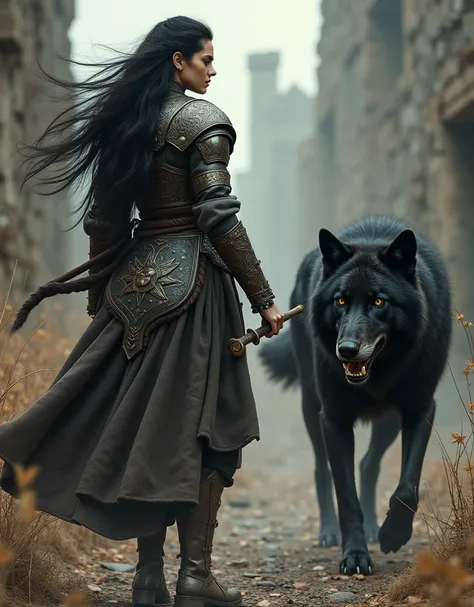 "full body view of beautiful female white warrior with black hair wearing a traditional style viking armour . She is hunting a black wolf, hyper-realistic style , muted brown color tones theme , ruin castle background"