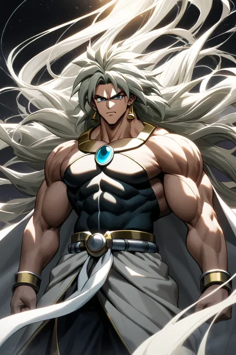 (((Broly Z))) with a gentle yet commanding eyes and ((white flowing hair)) wearing a white flaming long coat