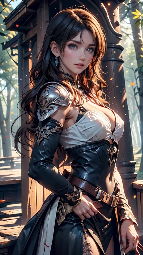  top quality,  Masterpiece,  Ultra High Resolution, Strong women,  long curly hair ,  Leather Armor, nyuru , Archer, Exquisite Bow,  Mysterious Runes, Magical,  detailed ed background , forest, extreme detailed, 4K,  、 24-year-old white woman 、 long eyelas...