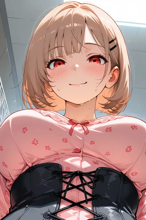 Yamada,female 1 person, solo,
light brown hair,bob cut,hair pin,flowing bangs,side part bangs,red eyes,

Extreme close-up under the chest,low angle,
looking at viewers,large breasts,

blush,ecstasy,I love you,sweat,orgasm,climax,feeling sexual pleasure,tea...