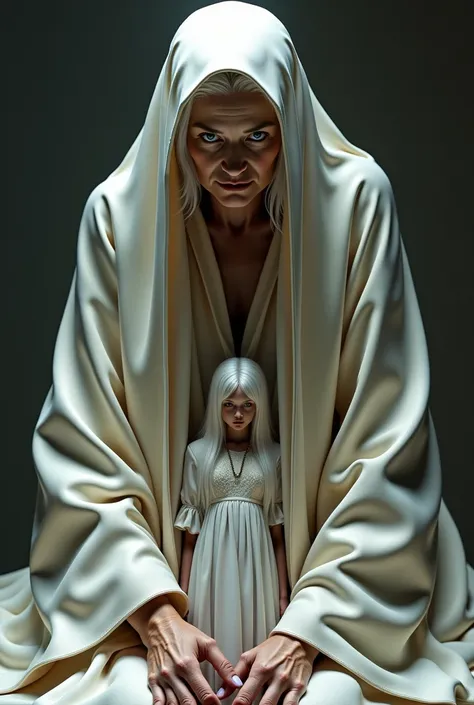 A short, white woman emerges from inside the robe of a tall, old woman wearing a satin robe. Some parts of the woman's body are hidden inside the old woman's robe.