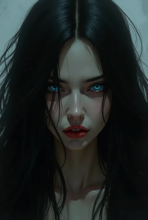 A woman with long black hair, me syte blu,  with a provocative and evil look. A capricious and ironic nature. As Liked as Hated. 