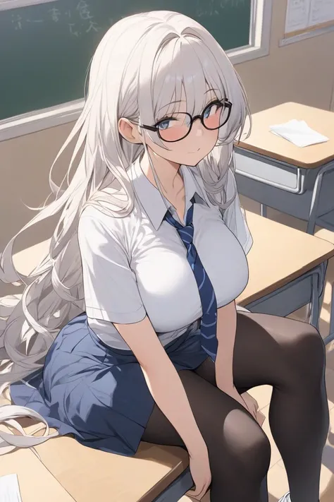  A girl with a curvaceous build ,  with big breasts,  wide hips,  thick thighs, pale skin, very long white hair a little messy,  squinting black , The girl wears black glasses that make her look more attractive, The girl is wearing a white buttoned shirt, ...