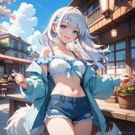 「A beautiful girl with a wolf in anime style 。 has short, fluffy white hair 、 with long, fluffy silver hair 。 has big, energetic blue eyes that shine 。 The tail is big and fluffy 、 moves so well that you can immediately understand your emotions 。 wear a ca...