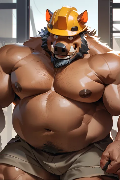 lindong, chubby man wear shorts, (chubby:1.3, fat, fat belly, big belly, musclegut), wearing project helmet, construction, topless, cargo shorts, standing, furry, an anthro (boar), nipples, an anthto, happy expression, extremely detailed muscle, detailed f...