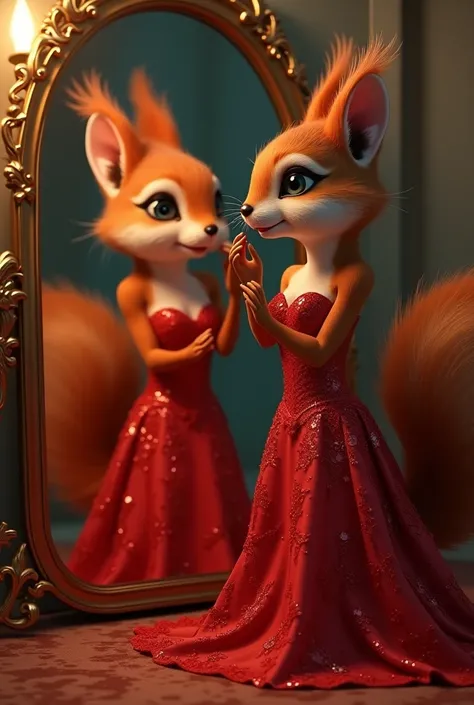 An anthropomorphic furry, slender, red squirrel, dressed in a bright red extravagant dress with lace, high-heeled shoes, stands at the mirror and does makeup on her lips, eyes