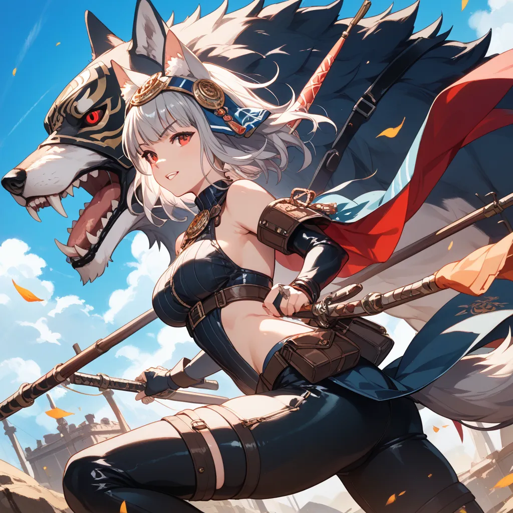 A beautiful girl with a wolf in anime style 。 short gray hair 、Wild wolf ears 。 sharp red eyes shine powerfully 、 warrior-like hall 々A stylish appearance。 tail is voluminous 、 expands menace during battle 。Wear a leather top and short cape that sticks out ...