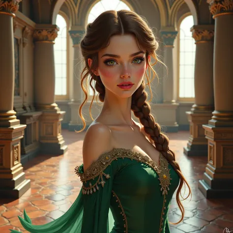 alicent beutiful girl with wavy braided brown hair with lighter blonde reflects,green eyes,slender and graceful,alicent has pale white skin,wear a medival green dress,alicent in a palece