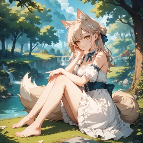 A beautiful girl with a wolf in anime style 。 long, soft beige hair 、Wolf ears with a gentle vibe 。 charming amber-colored eyes that smile softly 。 with a large, fluffy tail 、 characteristic enveloping gestures 。 wearing a loose white dress 、 sitting in th...