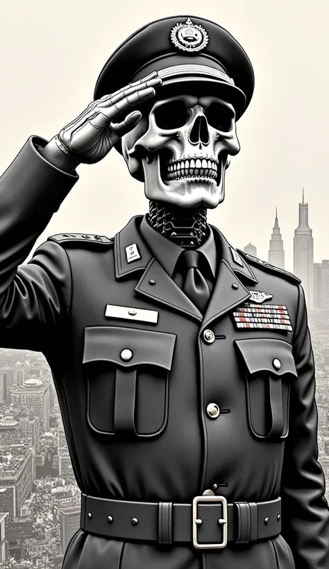 IIllustration in ink, close-up detail of a skull dressed as a military man, making a military salute, in a city made of bullets. Conceptual image. Super resolution, super quality, volumetric lights.
