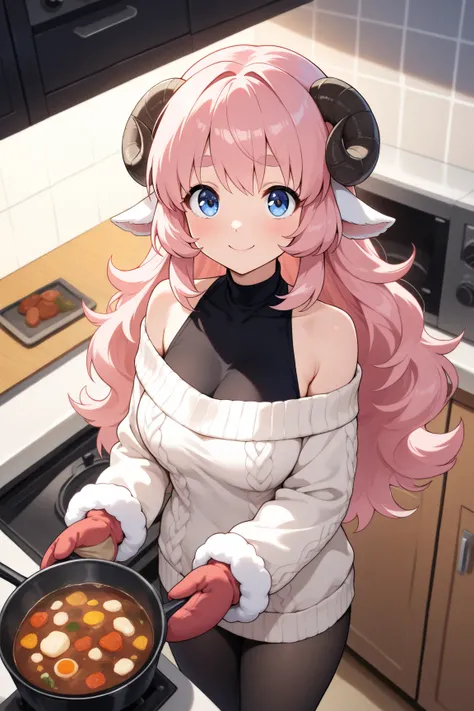 (masterpiece, best quality, extremely detailed, absurdres, very aesthetic), from above:1.2, cowboy shot, (highly detailed background, lighting, kitchen), (sheep girl\super detailed skin, detailed beautiful face and eyes, Big and soft anime eyes, Thick eyeb...