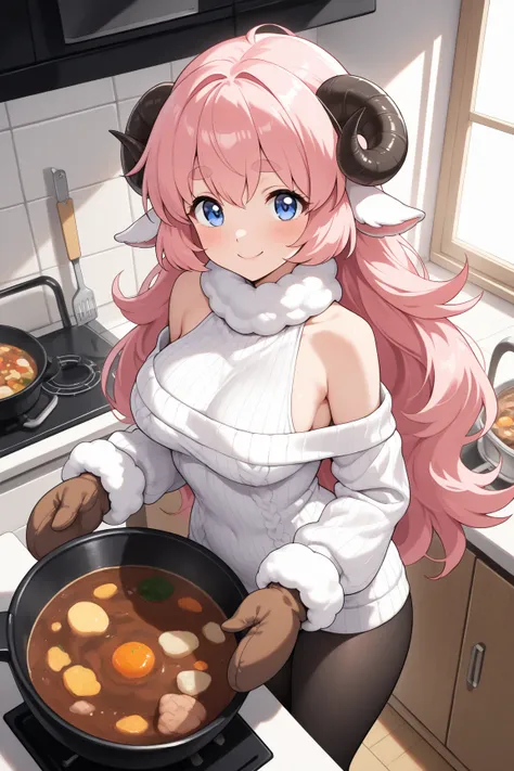 (masterpiece, best quality, extremely detailed, absurdres, very aesthetic), from above:1.2, cowboy shot, (highly detailed background, lighting, kitchen), (sheep girl\super detailed skin, detailed beautiful face and eyes, Big and soft anime eyes, Thick eyeb...