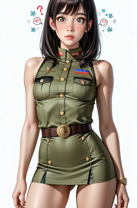  Japanese beautiful girl ,(It's 1 :2.0),( watches viewers:1.0),(sleeveless army costume:1.5),( micro mini skirt :1.1),( slender body:1.2),(Hiccups face:1.4),real skin ,small breasts,  shiny long black hair , Super Detailed Black Eyes, lean in,( belt with b...