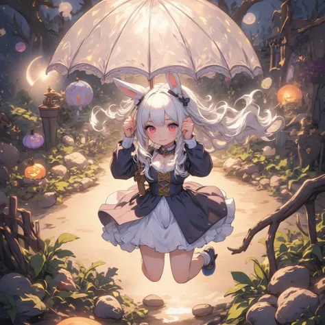 Cute Chibi Style Girl , A witch woman floats in the air with a giant umbrella that floats in the sky with the power of magic, and a mysterious geometric pattern is drawn on the surface of the umbrella. She clings to the umbrella while looking down at a Wes...