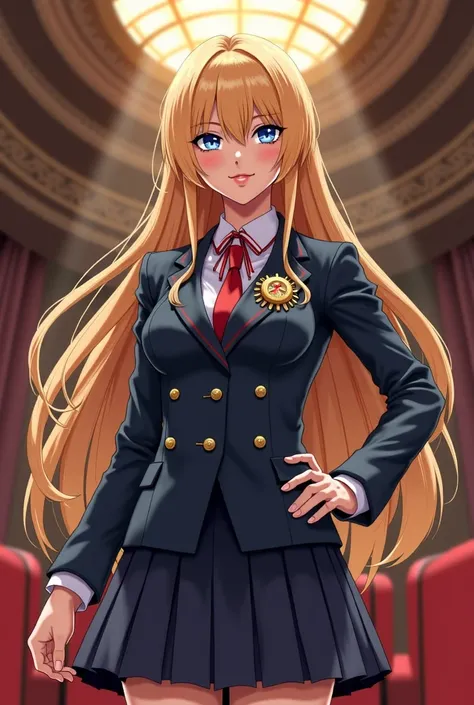 Anime teacher bullies me. Super smug, super beautiful, super Rich. She has long blonde hairs, Blue eyes and a super fancy uniforme. Superiority complex, Goddess complex, super hd. Her uniform has a big and revealing cleavage 