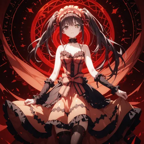 kurumi tokisaki, long hair, twintails, heterochromia, yellow eyes, clock eyes ,symbol-shaped pupils, dress, hairband, black thighhighs, thigh gap, glossy skin, glistening skin, looking at viewer, Tempting body