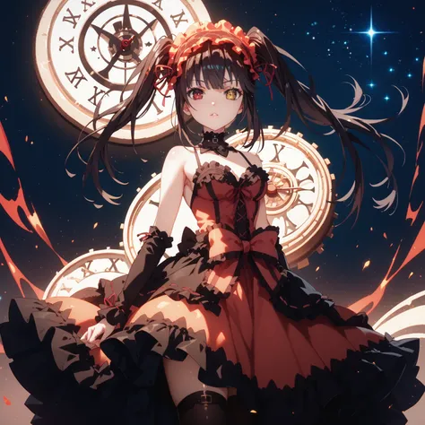 kurumi tokisaki, long hair, twintails, heterochromia, yellow eyes, clock eyes ,symbol-shaped pupils, dress, hairband, black thighhighs, glossy skin, glistening skin, looking at viewer, Tempting body