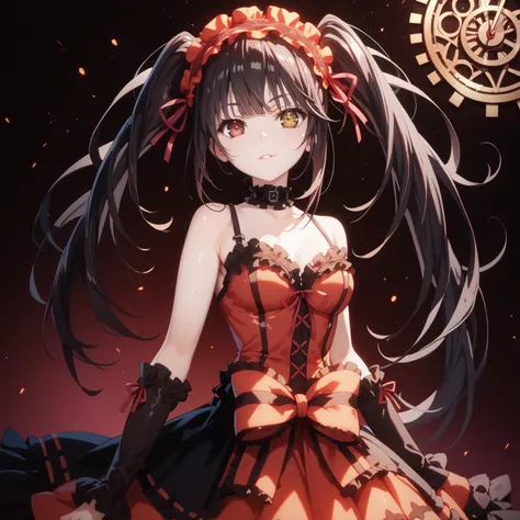 kurumi tokisaki, long hair, twintails, heterochromia, yellow eyes, clock eyes ,symbol-shaped pupils, dress, hairband, black thighhighs, glossy skin, glistening skin, looking at viewer, Tempting body