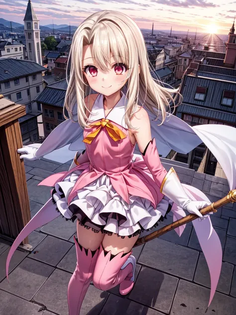 one girl, Illyasviel von Einzbern, Prisma Illya, cute face, thin and tall, smile, long hair, ribbon, magical girl, white and pink sleeveless dress, pink elbow gloves, white gloves, pink thigh boots, white cape, magical stick, full body shot, rooftop scener...