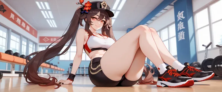 ultra-detailed, 1girl, hutao, genshin impact, ((masterpiece)), (best quality), (highres), 16K, perfect face, red eyes, long hair, brown hair, twintails, hat, sports bra, bootyshorts, sports shoes, busty body, large breasts and a beautiful ass, showcasing c...