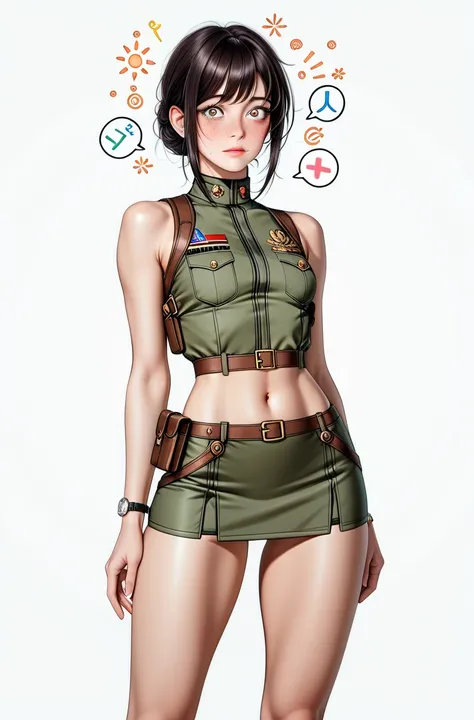  Japanese beautiful girl ,(It's 1 :2.0),( watches viewers:1.0),(sleeveless army costume:1.5),( micro mini skirt :1.1),( slender body:1.2),(Hiccups face:1.4),real skin ,small breasts,  shiny long black hair , Super Detailed Black Eyes, lean in,(brown holste...