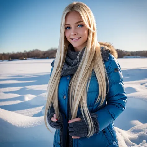 Girl, blond and straight and long hair, blue eyes, smile, big breasts, winterclothes, standing in frozen landscape