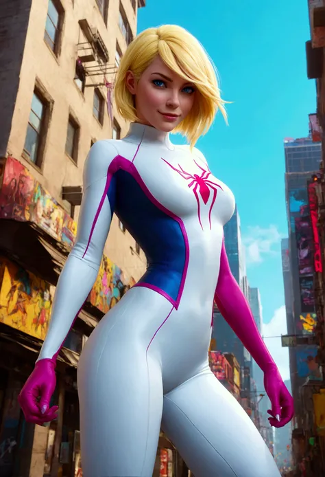 (((across the spider verse, animation style movie 2023))) (((pop art style behind character))) (((psychedelic colors behind her and in front))) (((borderlands 3 game art style))) (((blue color and fuchsia color behind the character))) (((Spider-Gwen, witho...