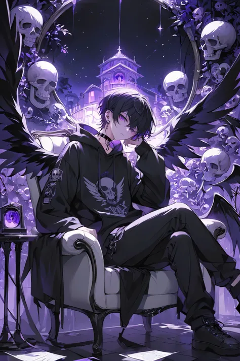 Score 9, Score 8 Up, Score 7 Up, 1 boy, Solo, Short hair, Looking at viewer, Bangs, Black hair, Jewelry, Chair, Sitting, Mouth closed, Purple eyes, Full body, Earrings, Razor choker, Black wings, Long pants, Skull, Black hoodie, Black theme, Cool, Lucid dr...