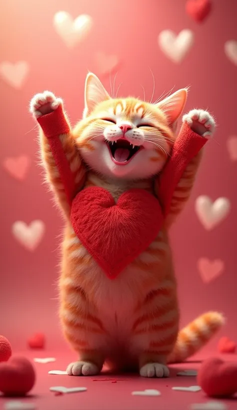 Shot from below, low angle camera, wide angle, A cute cat happy smiling, standing up both arms up, is fur full heart red color,background full heart and love you