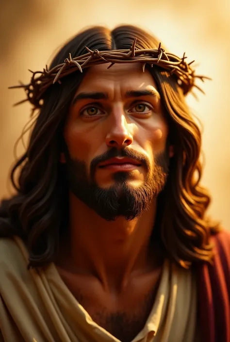 "Jesus Christ depicted in ultra-realistic detail, from the chest up, looking directly into the camera with a calm and compassionate expression. His eyes, filled with divine love and wisdom, connect deeply with the viewer. The crown of thorns rests on His h...