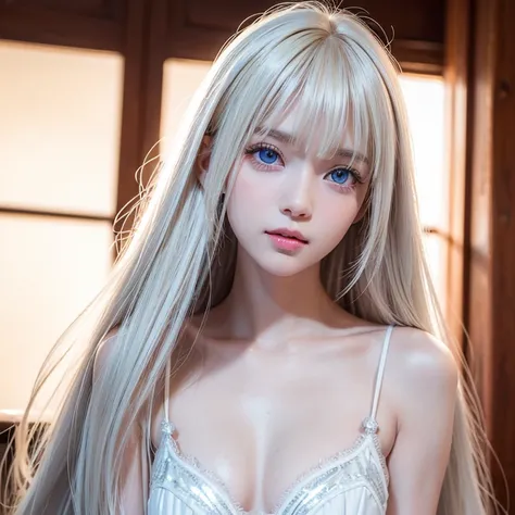 1 cute  girl , solo,  high resolution,  long hair,  dazzlingly bright baby blue eyes, bangs, Beautiful blonde, 目の間のbangs, とても long hair,  textured skin showing armpits,  hair to hide one eye,  Shiny Hair, Straight Hair, Hair in the eyes, Too much hair,  bi...