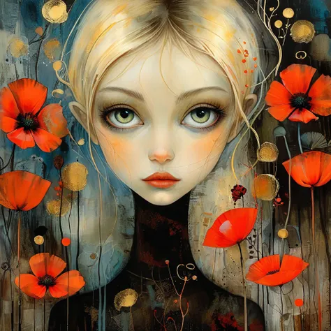 Complex mix of abstract textures Endre Penovac, Kaia Coopman, William Turner, Catrin Welz-Stein, Zdzisław Beksiński, Jacek Yerka oil on canvas zentangle line art style. Double exposure. foreground gentle eyes of a young woman, melancholy blonde. Second flo...