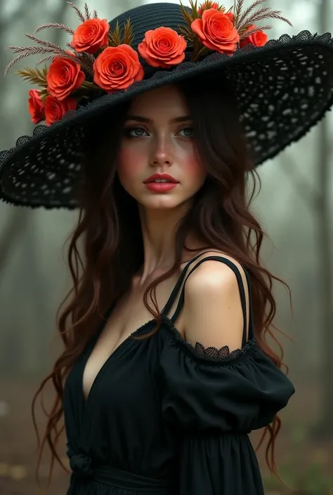 A long-haired girl, wavy and brown,  in a dark dress ,  with a slit on the side up to the waist and a large hat, with roses and feathers 