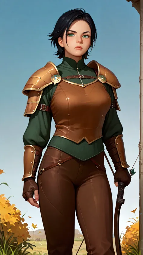  woman, green-eyed,  short black hair, wearing a warrior shoulder pad ,  brown leather pants,  Holding mark arrow in hand