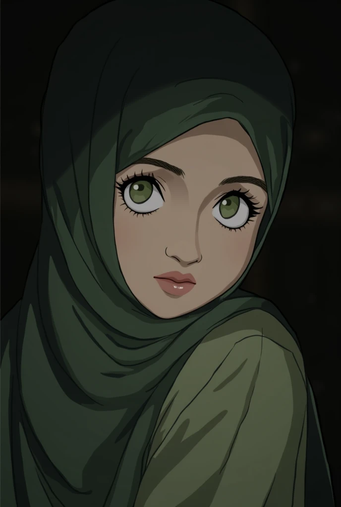 A young girl in a hijab. Face slightly turned to the side. Hijab in dark green, The dress is also normal green