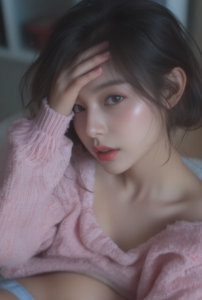 8k, masterpiece, highest quality, Surrealism, Low-angle, close-up.  Dark hair, bangs, fair skin, deep cleavage, delicate features.  Oversized light pink sweater, off-the-shoulder, light blue underwear. sitting, legs spread apart, lean back a little bit, on...